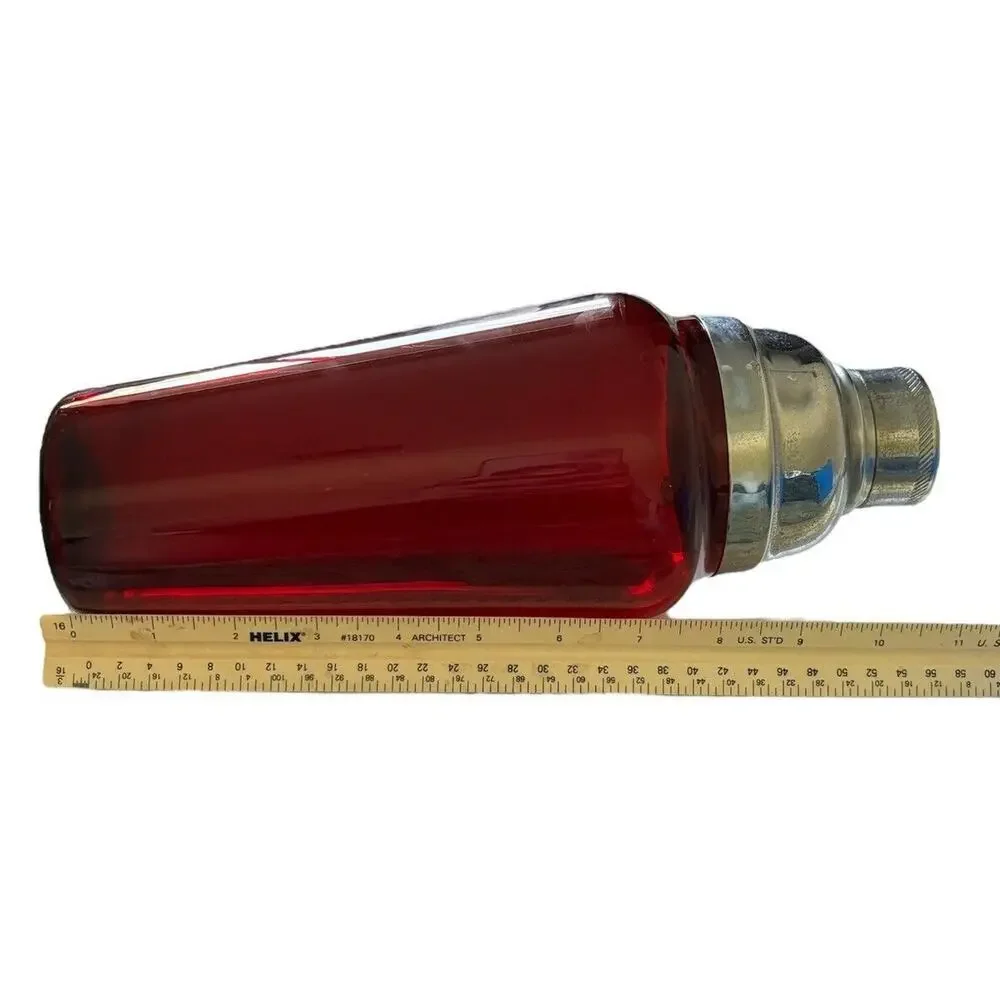 Vintage Ruby Red blown glass Mid Century Modern chrome topper martini shaker